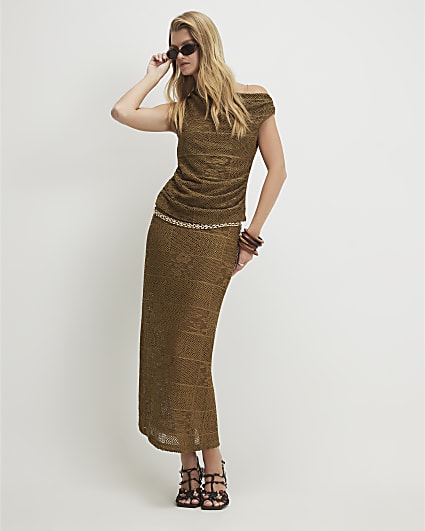 Khaki Lace Midi Skirt