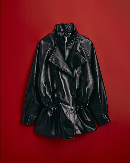 Black Layered Cinched Faux Leather Jacket