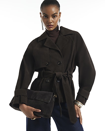 Brown Faux Suede Cropped Trench Jacket