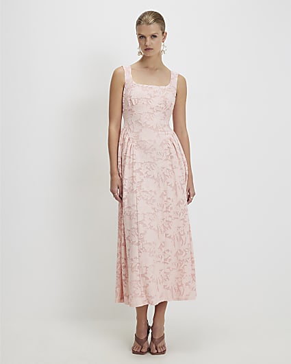 Pink Sleeveless Devore Burnout Midi Dress