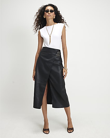 Black Buckle Detail Wrap Midi Skirt