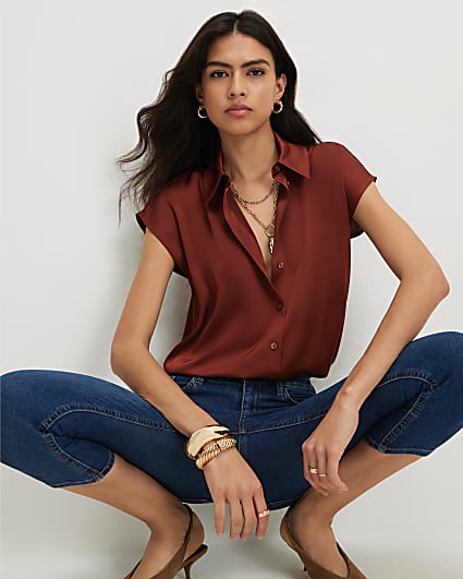 Brown Satin Short Sleeve Shirt
