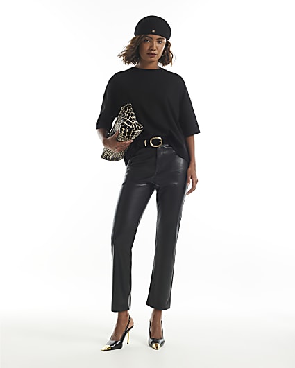 Black Faux Leather Straight Leg Trousers