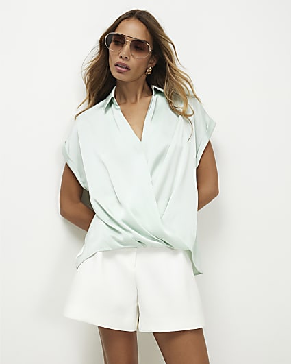 Green Collared Satin Wrap Blouse