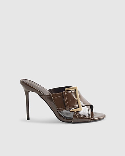 Brown Buckled Heeled Mule Sandals