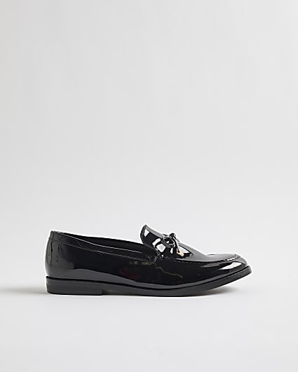 Black Faux Leather Patent Bow Loafers