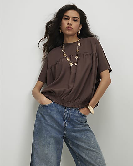 Brown Cotton Hybrid Bubble Hem T-Shirt