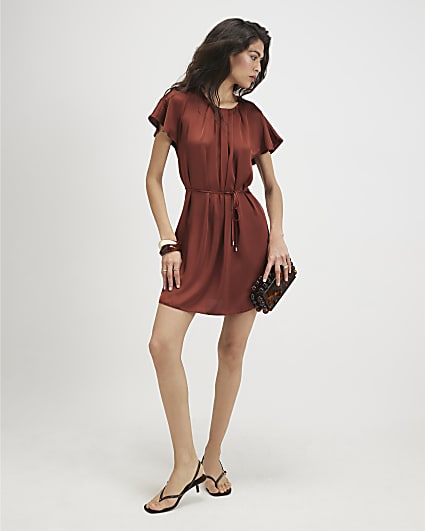 Brown Satin Pleat Neck Mini Dress