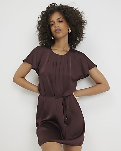 Brown Satin Pleat Neck Mini Dress
