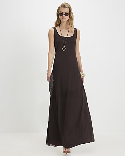 Brown Sleeveless Mesh Maxi Dress