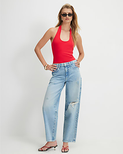 Blue Ripped Barrel Leg Jeans