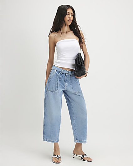 Blue Crop Belted Barrel Leg Jeans