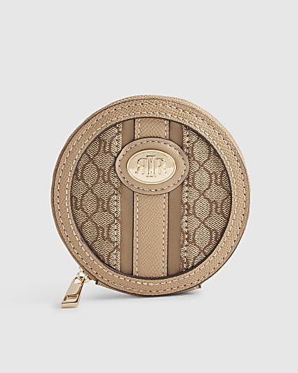 Beige Monogram Panelled Zip Around Purse