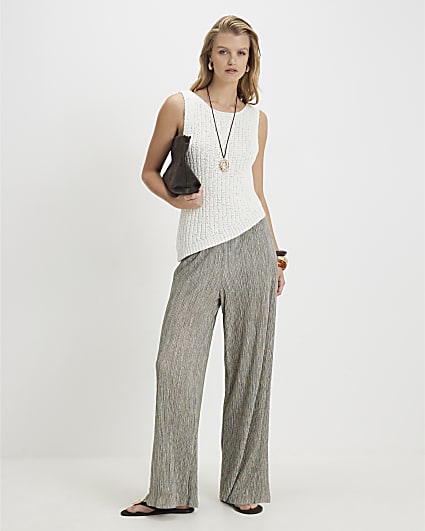 Khaki Plisse Wide Leg Trousers