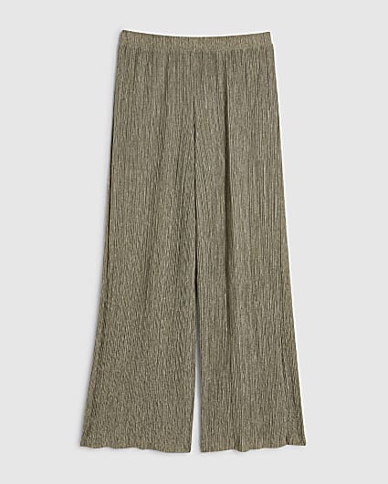 Petite Khaki Plisse Wide Leg Trousers