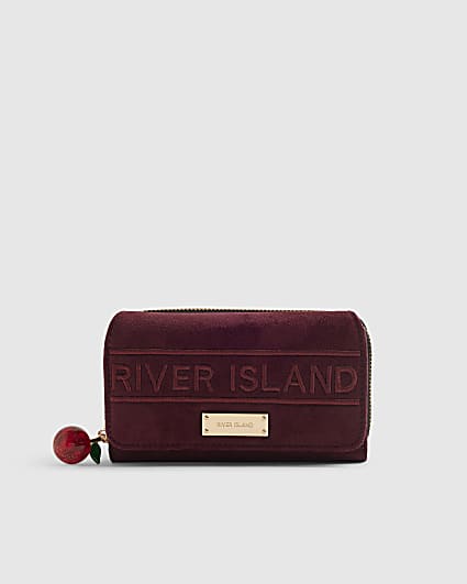 Red Faux Suede Embroidered Zip Around Purse