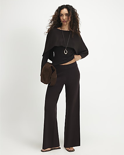 Brown Knitted Wide Leg Trousers