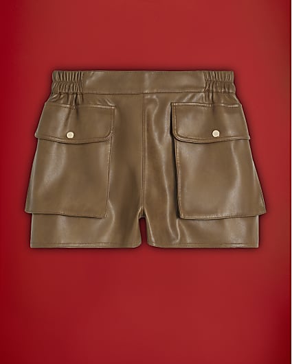 Brown Faux Leather Distressed Pocket Shorts