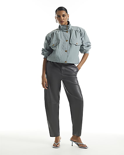 Grey Faux Leather Barrel Leg Trousers