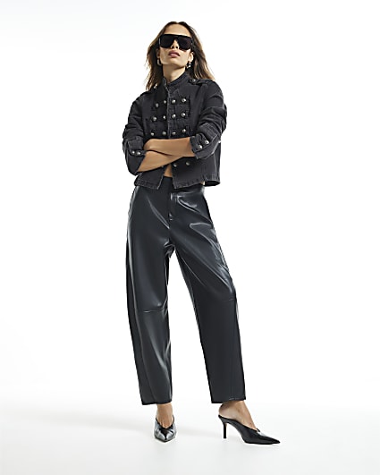 Black Faux Leather Barrel Leg Trousers