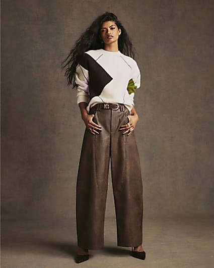 Brown Faux Leather Seamed Barrel Leg Trousers