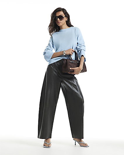 Brown Faux Leather Seamed Barrel Leg Trousers