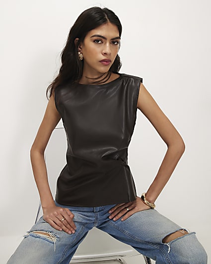 Brown Ruched Side Sleeveless Top