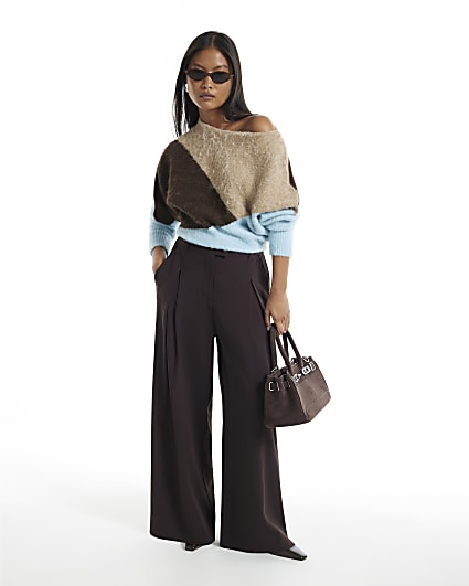 Petite Brown Crepe Wide Leg Trousers