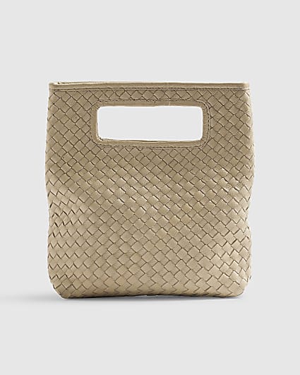 Cream Leather Woven Clutch Bag