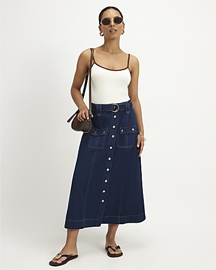 Petite Blue Belted Pocket Denim Midi Skirt