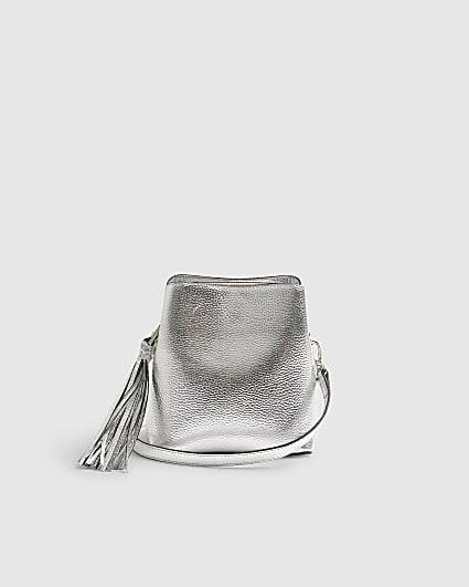 Silver Leather Tassel Crossbody Bucket Bag