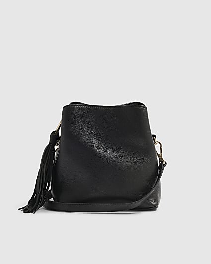 Black Leather Tassel Crossbody Bucket Bag