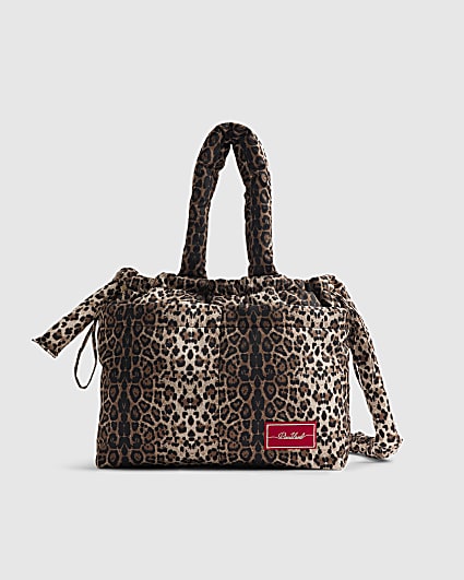 Brown Leopard Drawstring Travel Tote Bag