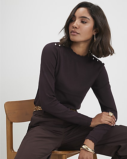 Brown Knitted Pointelle Trim Long Sleeve Top