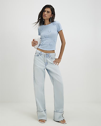 Blue Short Sleeve 3D Flower Trim Top