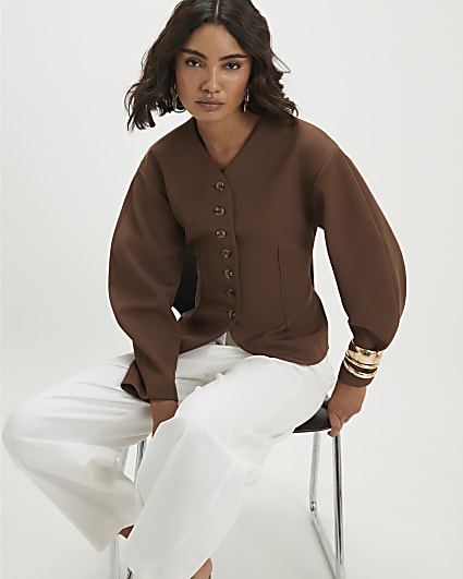 Beige Button Ovoid Sleeve Jacket