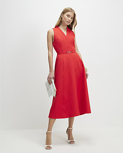 Red Sleeveless Belted Midi Dress