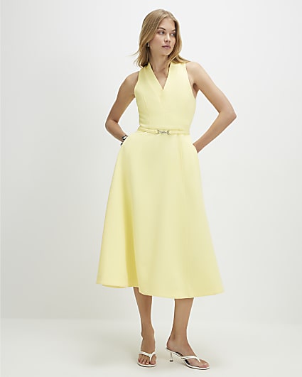 Yellow Sleeveless Belted Midi Dress