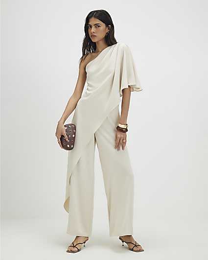 Cream One Shoulder Overlay Jumpsuit