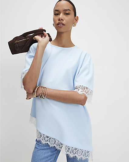 Blue Lace Trim Asymmetric T-Shirt