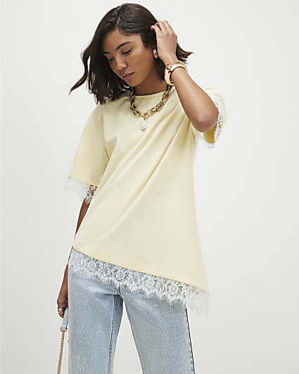 Yellow Lace Trim Asymmetric T-Shirt