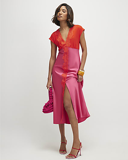Pink Short Sleeve Lace Satin Midi Dress