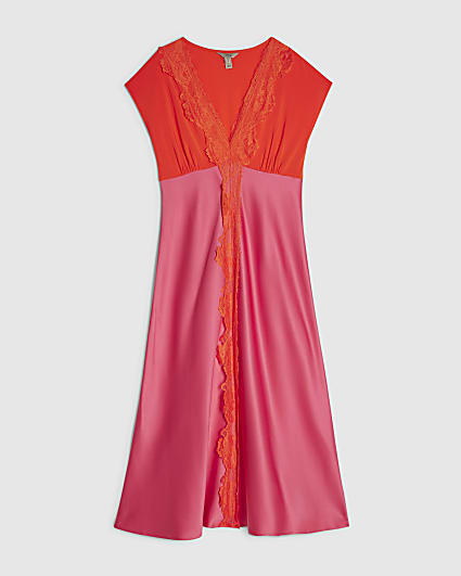 Petite Pink Lace Satin Midi Dress