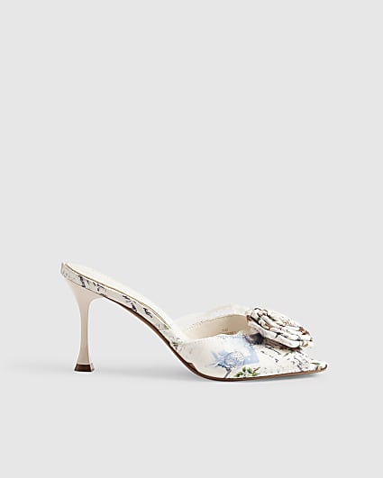 Cream Satin Rose Mule Heeled Sandals