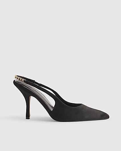 Black Faux Suede Slingback Chain Court Heels