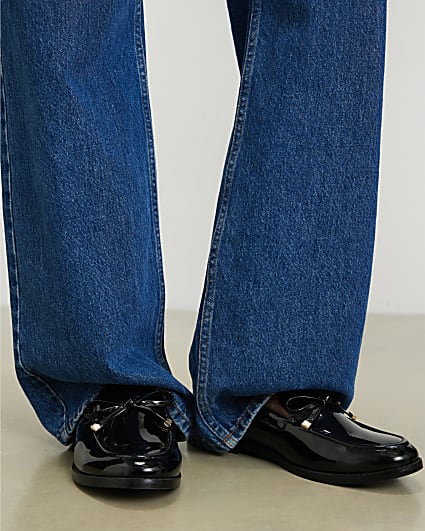 Black Wide Fit Faux Leather Bow Loafers