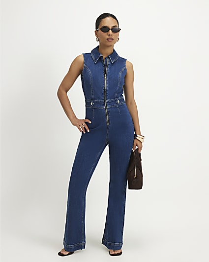 Petite Blue Stretch Denim Jumpsuit