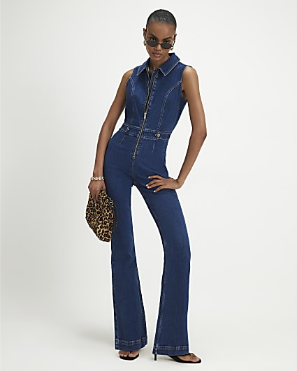 Blue Stretch Flared Denim Jumpsuit