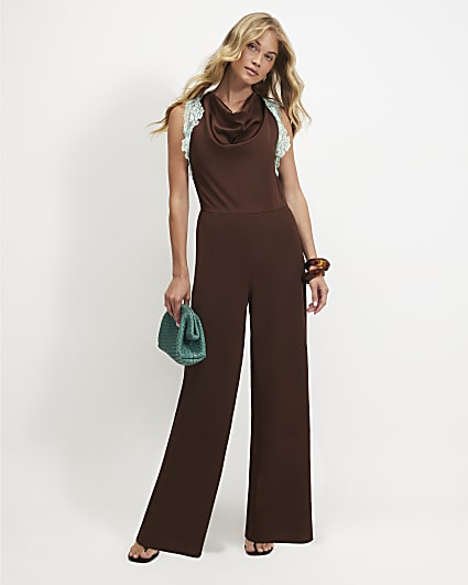 Brown Halter Neck Lace Trim Jumpsuit