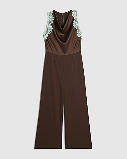 Petite Brown Halter Lace Trim Jumpsuit